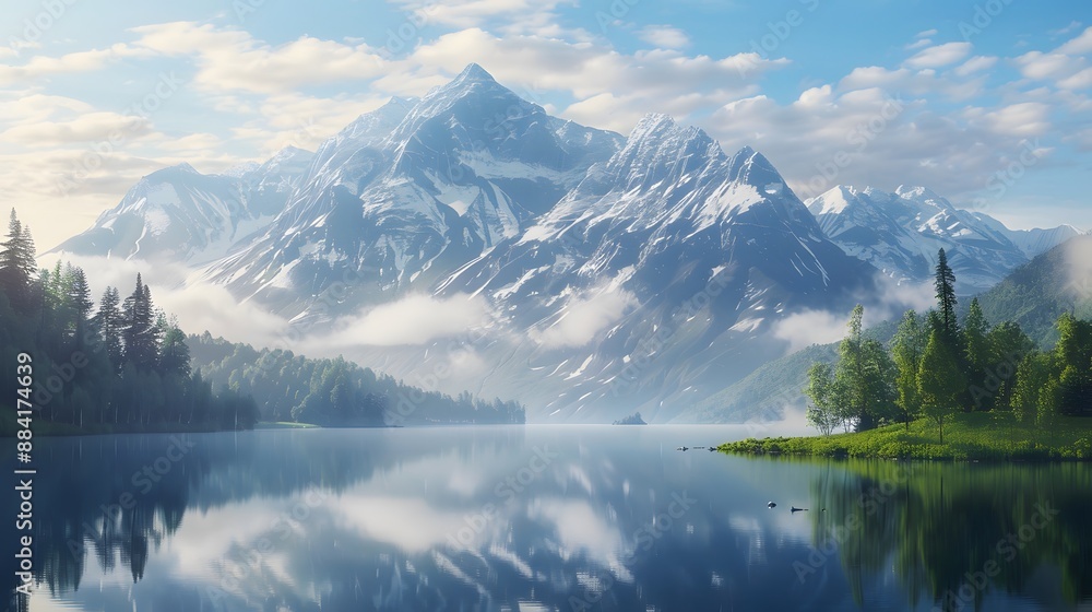 Tranquil mountain landscape with a lake reflection, offering a peaceful and natural background. Tranquil mountain landscape with a lake reflection, offering a peaceful and natural background.