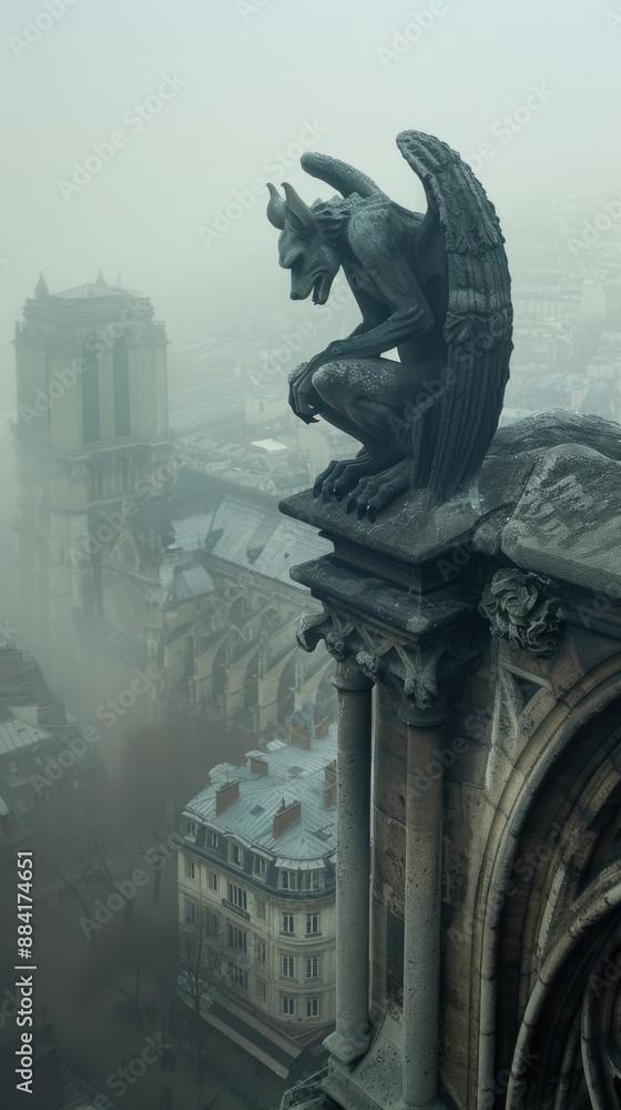 Guardian of the Mist: Gargoyle Perched on Cathedral Overlooking Foggy Cityscape Guardian of the Mist: Gargoyle Perched on Cathedral Overlooking Foggy Cityscape