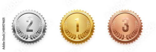 Gold, silver and bronze medals with numbers place set vector illustration. Realistic isolated trophy medal collection with metal reward badges for winners, champions, quality certificate, warranty.