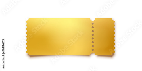 Golden ticket. Gold vector coupon, sticker or discount tag mockup isolated on white background. Cinema, theater, concert, party, event, festival invitation entrance.