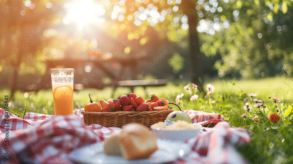 A peaceful picnic scene in a sunlit park, featuring a basket of strawberries, a glass of orange juice, and a roll on a checkered blanket, surrounded by nature. A peaceful picnic scene in a sunlit park, featuring a basket of strawberries, a glass of orange juice, and a roll on a checkered blanket, surrounded by nature.