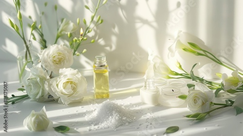 Spa setup featuring oils sea salt candles and white eustoma on a white backdrop Skin care theme Plenty of room for text © Susi