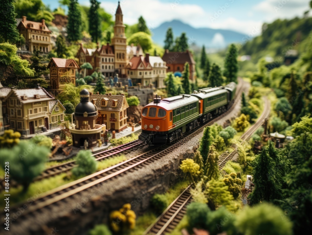 Obraz premium Miniature World: Intricate Model Train Set on Detailed Landscape