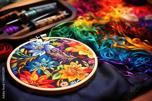 Vibrant Embroidery Hoop with Colorful Threads - Crafting and Sewing Concept