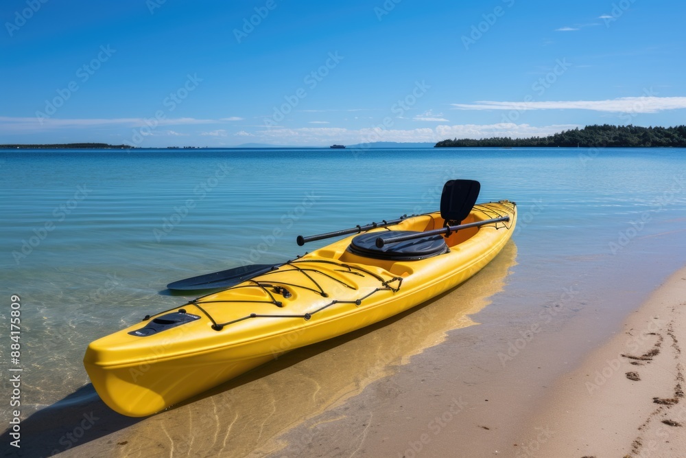 Serene Kayaking Adventure: Ready to Paddle on Calm Beach Waters Serene Kayaking Adventure: Ready to Paddle on Calm Beach Waters