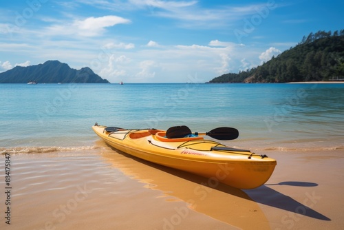 Ready for Adventure: Kayak and Paddle on a Calm Beach for Water Recreation