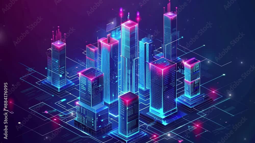 Smart city and communication network concept. Futuristic smart city isometric background with digital hologram of building. Futuristic urban technology. Technology Background. Smartcity buildings. IOT Smart city and communication network concept. Futuristic smart city isometric background with digital hologram of building. Futuristic urban technology. Technology Background. Smartcity buildings. IOT
