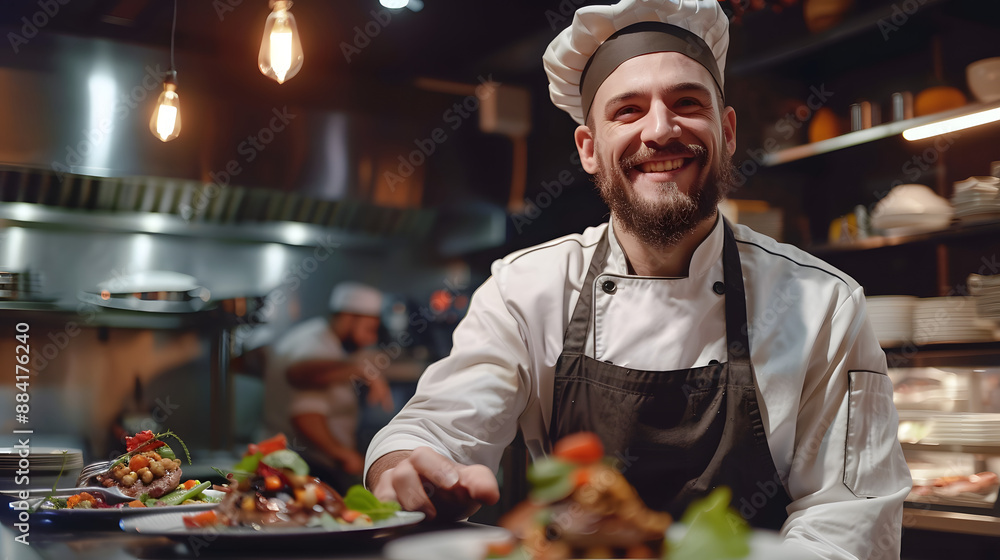 A happy chef in a bustling kitchen, serving a beautifully plated dish, showcasing his passion for cooking and the lively atmosphere of the restaurant. A happy chef in a bustling kitchen, serving a beautifully plated dish, showcasing his passion for cooking and the lively atmosphere of the restaurant.