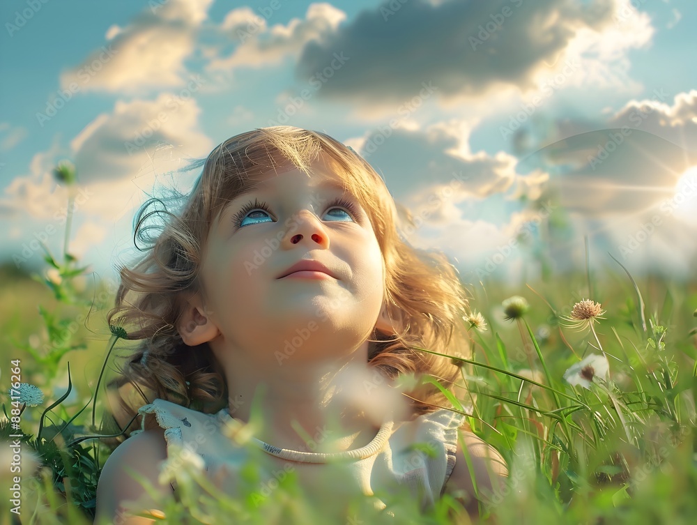 Carefree Child Gazing at Clouds in Idyllic Meadow Symbolizing Daydreaming and Wonder Carefree Child Gazing at Clouds in Idyllic Meadow Symbolizing Daydreaming and Wonder