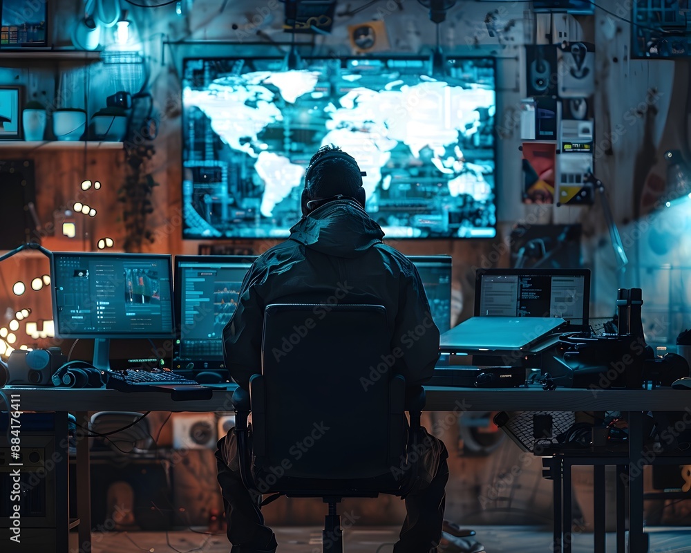 Hacker Silhouette in Minimalistic High Tech Room Symbolizing Cyber and Digital Security Threats Hacker Silhouette in Minimalistic High Tech Room Symbolizing Cyber and Digital Security Threats