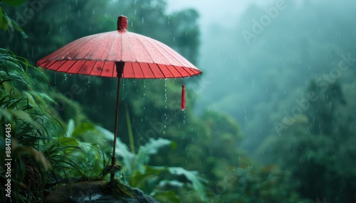 Wallpaper Mural Red Parasol in Rainstorm, Damp Forest Scene, Rainy Day Photography, Nature Photography, Umbrella in the Rain, Atmospheric Photography, Dramatic Sky, Nature Photography, Weather Photography, Rain Torontodigital.ca