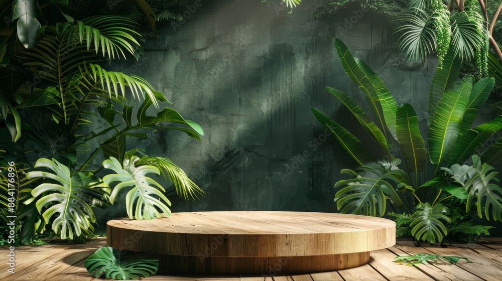 Lush foliage and wooden podium in a tropical setting Lush foliage and wooden podium in a tropical setting