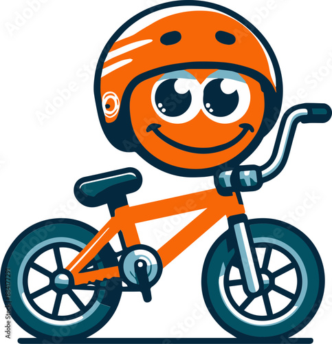 A cartoon smiley face with a helmet riding a BMX bike.