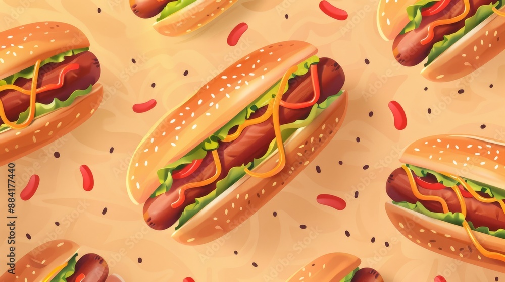 Seamless pattern with hotdogs and mustard on sesame seed buns and lettuce Seamless pattern with hotdogs and mustard on sesame seed buns and lettuce