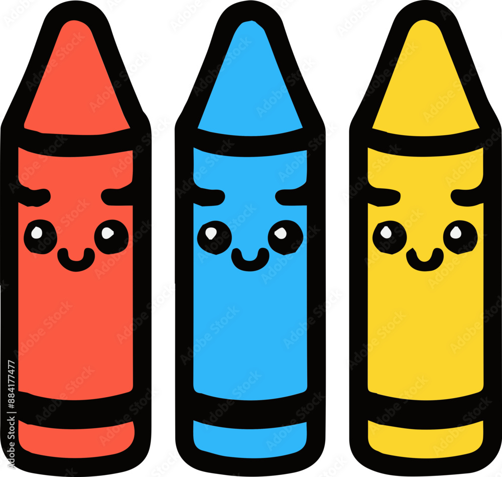 Three smiling crayons, red, blue, and yellow,  in a row.  Cute cartoon style.  Perfect for kids' projects and education.