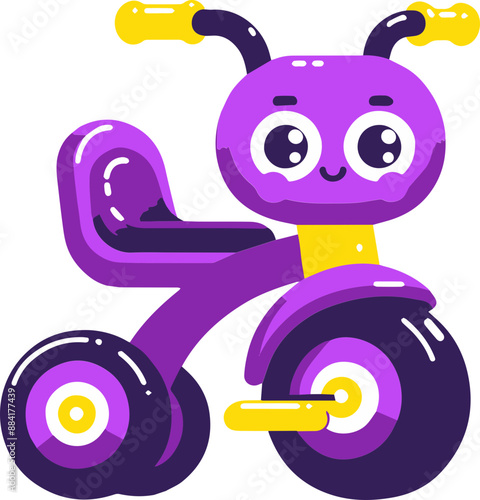 Cute purple tricycle with big eyes and yellow handlebars on a white background.