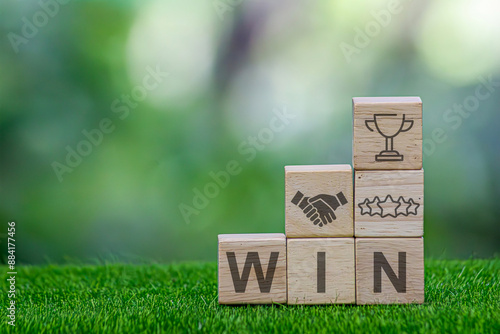 Win-win strategic solution Business partnership agreement, partnership, agreement. Successful business. Winwin Benefit. Cube with handshake icons and win-win situation. Business strategies and ideas photo