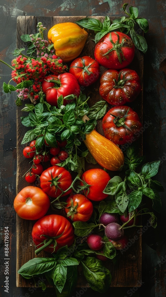 Fresh garden vegetables, carefully placed on a wooden backdrop, highlighting their vivid colors and organic textures Fresh garden vegetables, carefully placed on a wooden backdrop, highlighting their vivid colors and organic textures