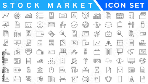Stock market icons set with fully editable stroke thin line vector illustration with stock marketing, stock exchange, investment, shares, financial goals, bear marketing, trading, securities, money