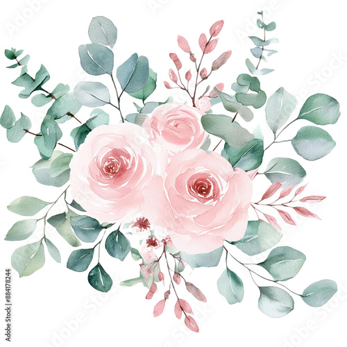 Fototapeta Naklejka Na Ścianę i Meble -  Watercolor floral illustration. Pink flowers and eucalyptus greenery bouquet. Dusty roses, soft light blush peony - border, wreath, frame. Perfect wedding stationary, greetings, fashion, background