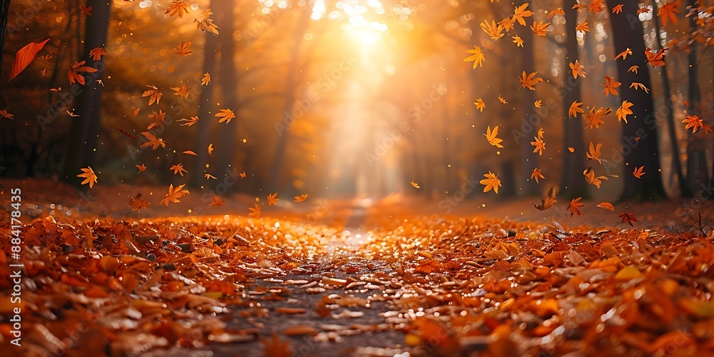 Autumn path covered in fallen leaves with warm sunlight Autumn path covered in fallen leaves with warm sunlight