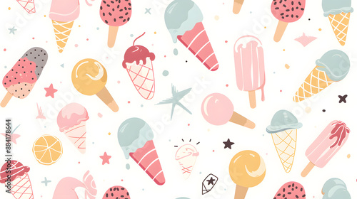 A seamless pattern featuring a variety of ice creams and popsicles in soft pastel colors, decorated with stars and dots, creating a fun and whimsical summer design.