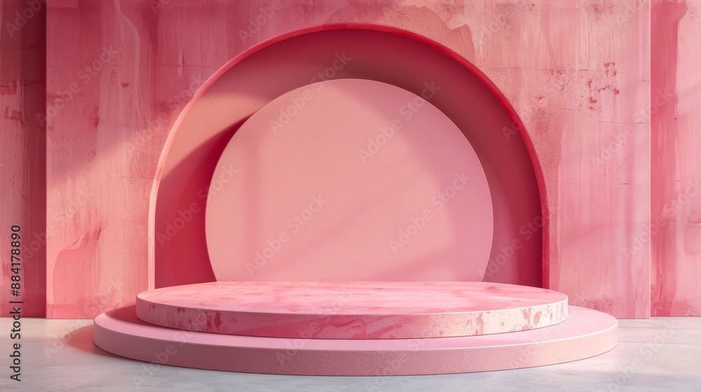 Minimalistic pink podium with circular backdrop for product display Minimalistic pink podium with circular backdrop for product display