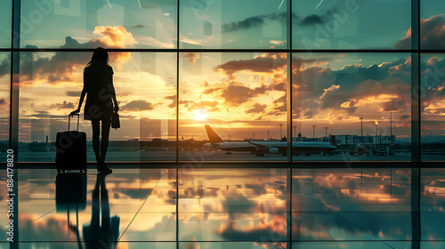 silhouette of people with luggage, gazing out of a large airport window during sunset. The colorful sky and reflections on the glass create a dreamy, contemplative mood