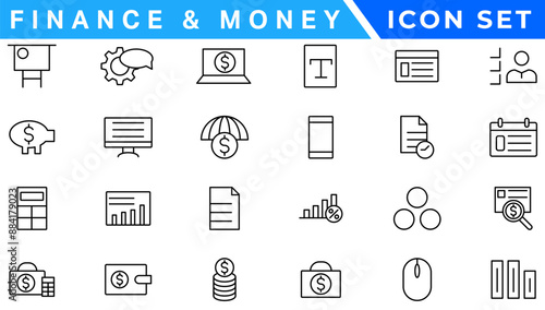 Money line icons. Set of Banking, Wallet and Coins icons. Credit card, Currency exchange and Cashback money service. Euro and Dollar, Cash wallet, exchange. Banking credit card, atm payment. Vector