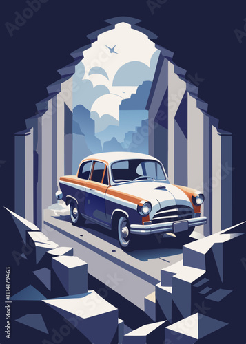 3d wallpaper design with a classic car driving through a broken wall