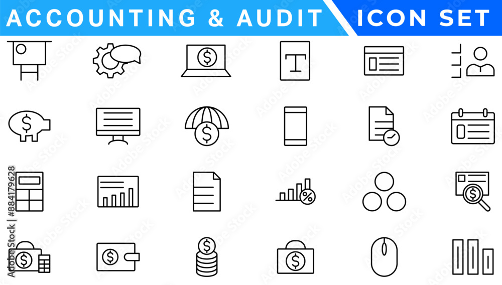 Accounting and audit icon set. Taxes and accounting line icons collection. Check and audit line icons collection. Containing financial statement, accountant, financial audit. Vector illustration Accounting and audit icon set. Taxes and accounting line icons collection. Check and audit line icons collection. Containing financial statement, accountant, financial audit. Vector illustration