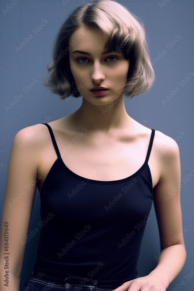 Portrait of a European Girl with Short Hair and Blue Eyes, holding blueberries Portrait of a European Girl with Short Hair and Blue Eyes, holding blueberries