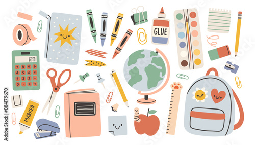 School stationery and Art Supplies Set, cartoon. Kawaii accessories for study, student equipment. Back to school.