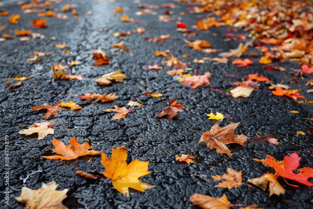 Autumn landscape with old asphalt road with fallen leaves, Generative AI
Autumn landscape with old asphalt road with fallen leaves, Generative AI