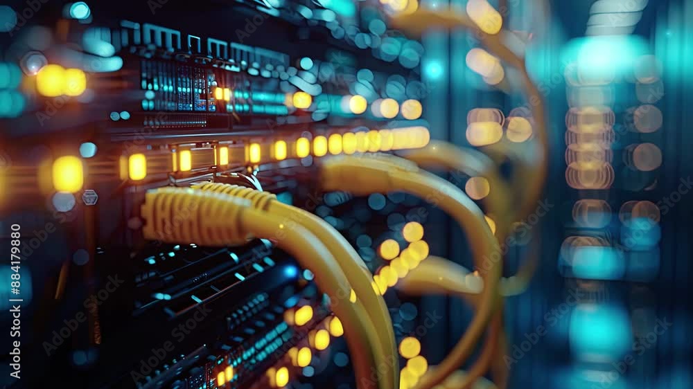 Internet cable in server room, transmitting information secure internet technology network Internet cable in server room, transmitting information secure internet technology network