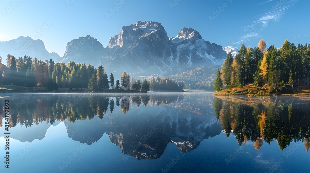 Fototapeta premium Tranquil mountain landscape with a lake reflection, offering a peaceful and natural background.