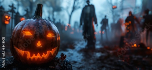 A haunting Halloween night scene with a jack-o'-lantern illuminating in a misty graveyard, with the zombies, crosses, and shadowy trees under a moonlit sky. background with copy space