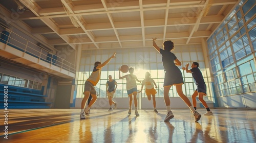Energetic and focused kids in colorful sports uniforms enjoy a basketball game in school gym, the importance of physical activity, teamwork, and the fun of participating in school sports programs
