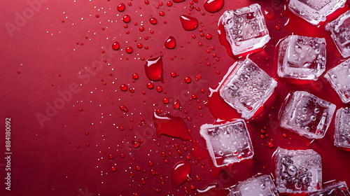 Crystal clear frosty ice cubes with dew-like water droplets on red background