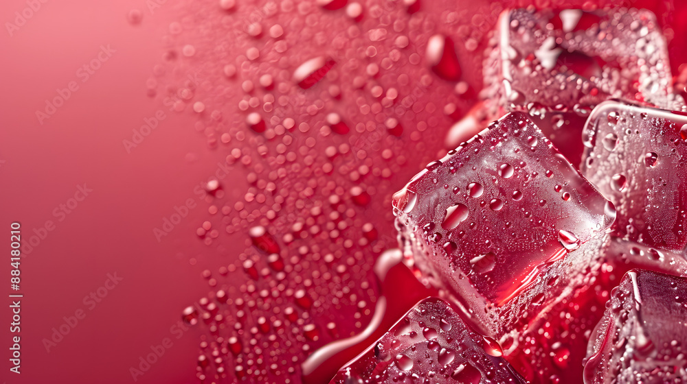 Crystal clear frosty ice cubes with dew-like water droplets on red background Crystal clear frosty ice cubes with dew-like water droplets on red background
