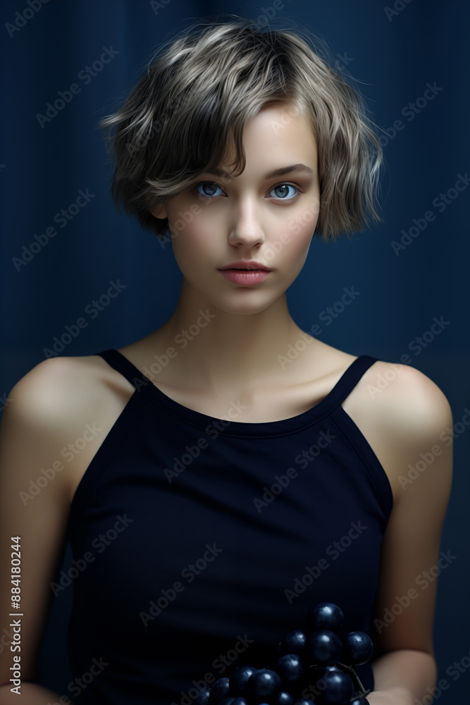 Fototapeta premium Portrait of a European Girl with Short Hair and Blue Eyes, holding blueberries