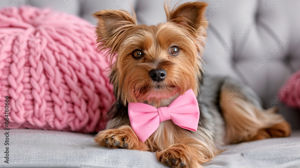 A small dog wearing a cute bowtie, sitting on a couch and tilting its head to the side. A small dog wearing a cute bowtie, sitting on a couch and tilting its head to the side.