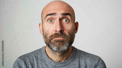 Bearded man with wide-eyed surprised expression on his face