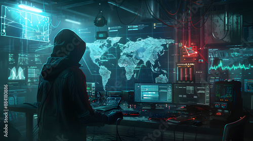 A skilled hacker in a high-tech hideout, surrounded by advanced gadgets and holographic displays