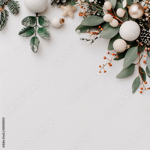 festive happy new year set on white background with a lot of free space for text, flat lay, green leaves and white balls, stars, design template for merry christmas greeting card, poster, banner