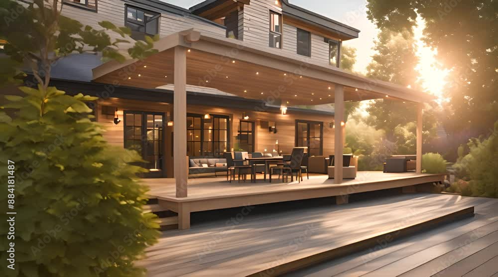 Back yard house exterior with spacious wooden deck with patio area and attached pergola 4k animation Back yard house exterior with spacious wooden deck with patio area and attached pergola 4k animation