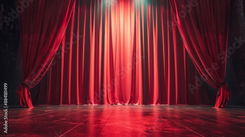 Red theater stage curtains with spotlight illuminating empty wooden floorboards