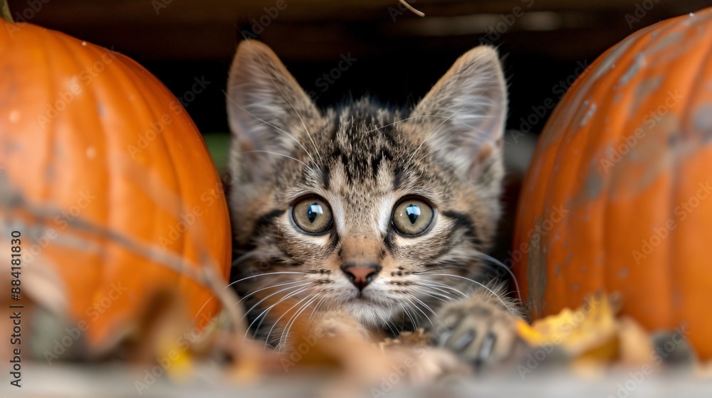 A kitten sitting inside a pumpkin, its head poking out and looking around curiously. A kitten sitting inside a pumpkin, its head poking out and looking around curiously.