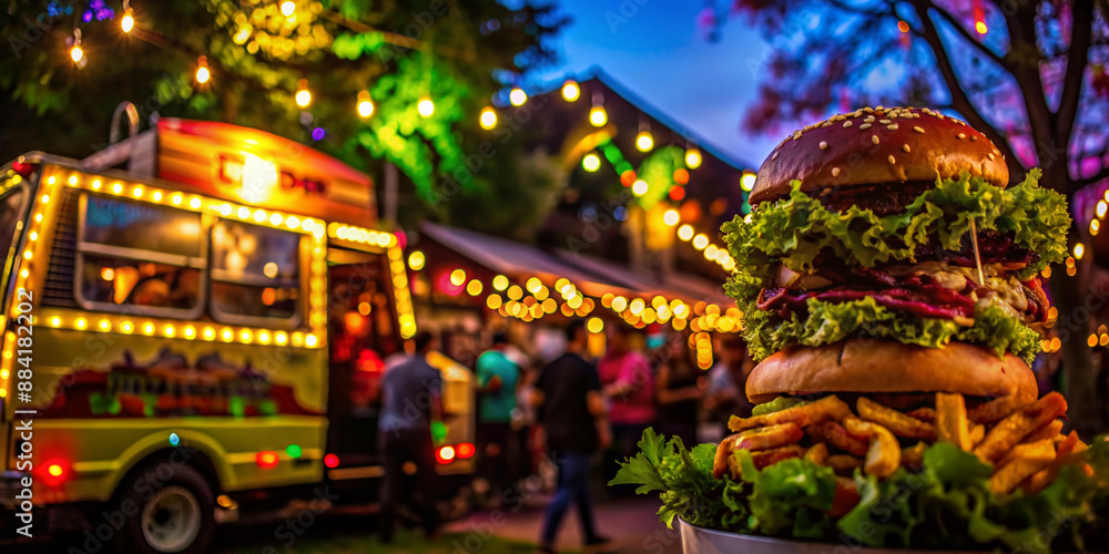 Vibrant city festival scene featuring a colorful food truck with tantalizing treats, selectively focused on delicious burgers and crispy fries amidst urban festivities backdrop. Vibrant city festival scene featuring a colorful food truck with tantalizing treats, selectively focused on delicious burgers and crispy fries amidst urban festivities backdrop.
