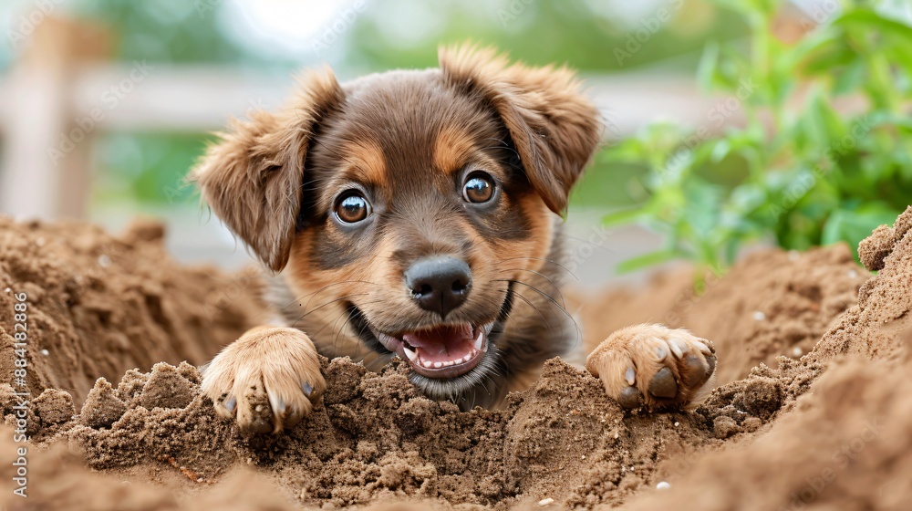 A puppy digging in a sandbox, its paws covered in sand and a playful grin on its face. A puppy digging in a sandbox, its paws covered in sand and a playful grin on its face.